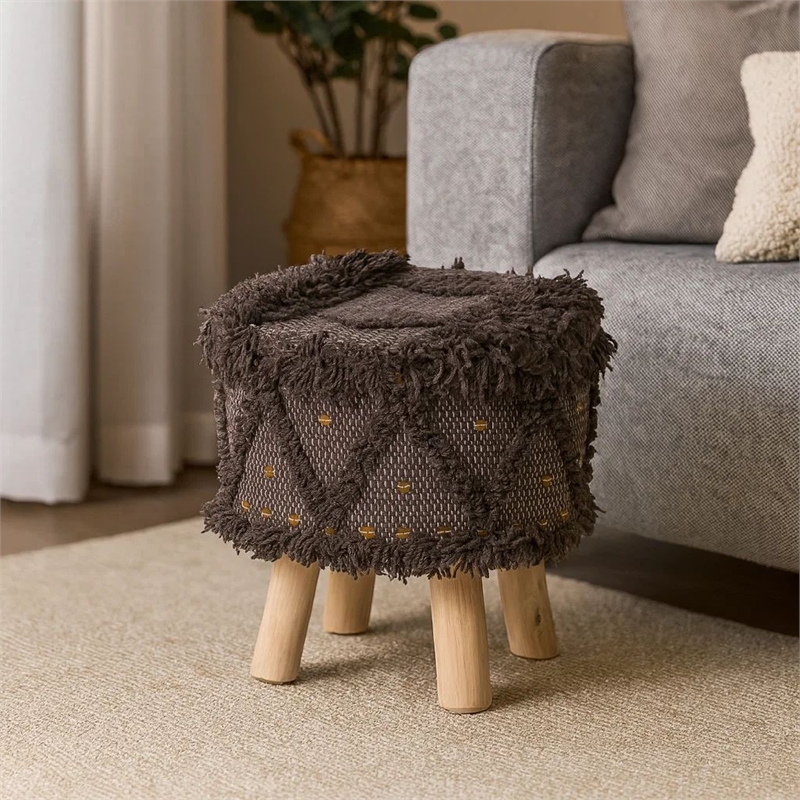 Benjara Footstool Ottoman- Handcrafted Boho Design- Brown Woven Seat- Wood