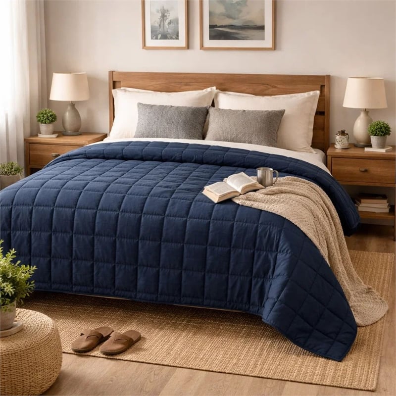 Benjara Blankie 20lbs Weighted Blanket- 60 x 80 Cotton Multilayer- Navy Blue