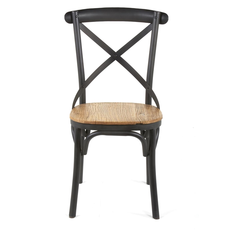 Benjara Vaya Dining Side Chair Set of 2- Rustic Cross Back- Black Iron Frame