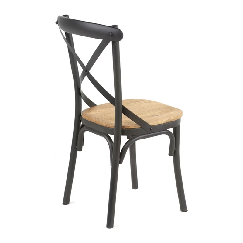 Benjara Vaya Dining Side Chair Set of 2- Rustic Cross Back- Black Iron Frame
