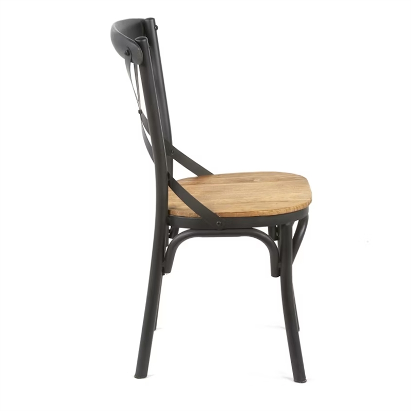Benjara Vaya Dining Side Chair Set of 2- Rustic Cross Back- Black Iron Frame