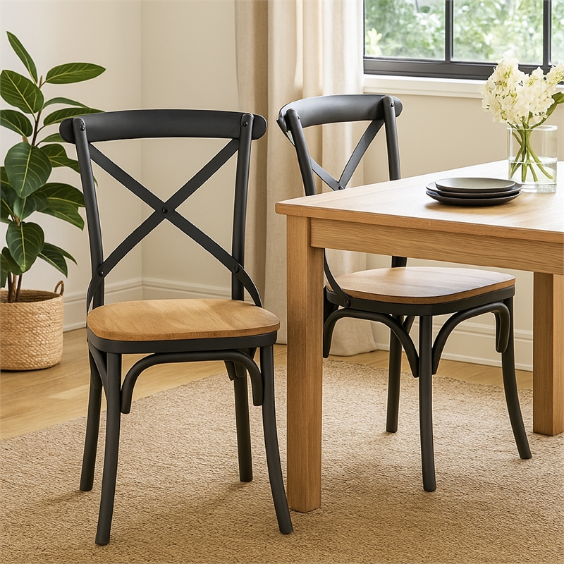 Benjara Vaya Dining Side Chair Set of 2- Rustic Cross Back- Black Iron Frame