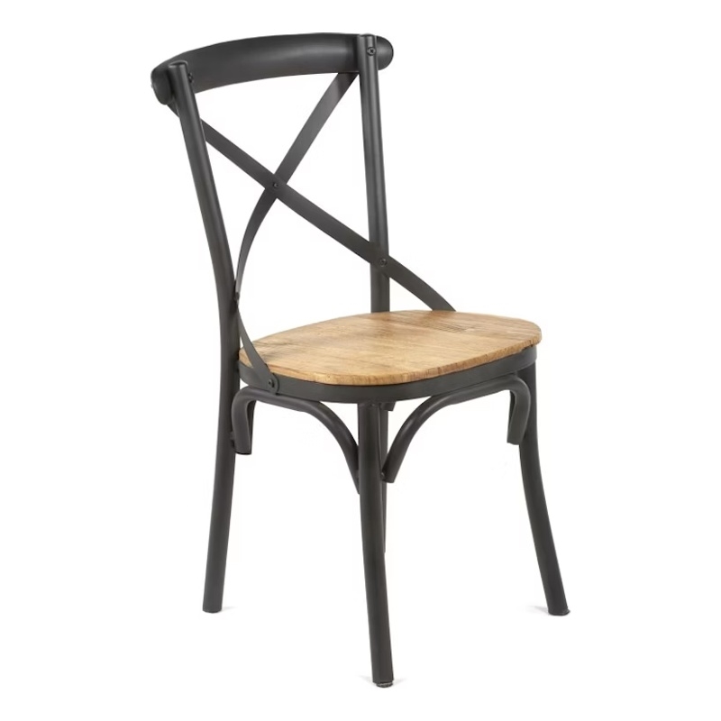 Benjara Vaya Dining Side Chair Set of 2- Rustic Cross Back- Black Iron Frame
