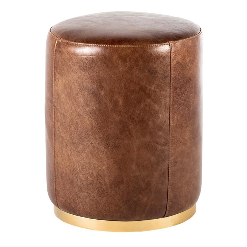 Benjara Fury Round Ottoman- Brown Faux Leather Upholstery- Brass Accent Trim