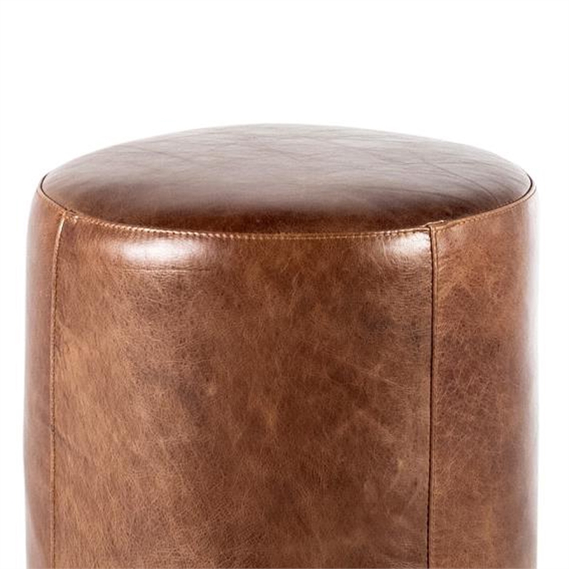 Benjara Fury Round Ottoman- Brown Faux Leather Upholstery- Brass Accent Trim