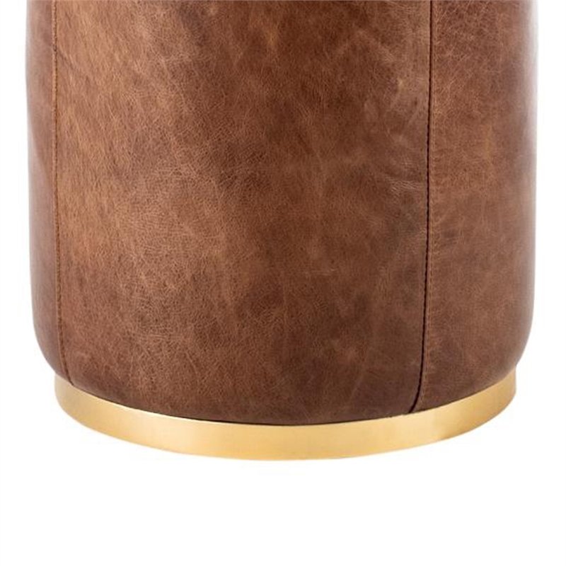 Benjara Fury Round Ottoman- Brown Faux Leather Upholstery- Brass Accent Trim