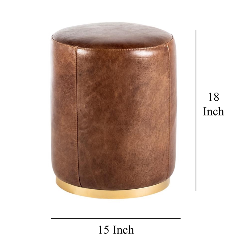 Benjara Fury Round Ottoman- Brown Faux Leather Upholstery- Brass Accent Trim