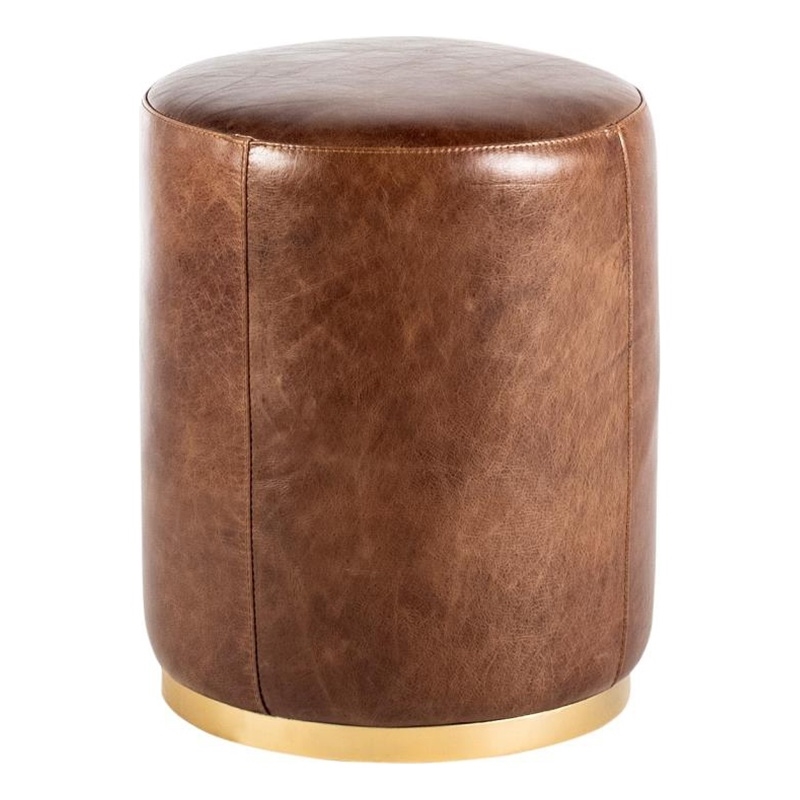 Benjara Fury Round Ottoman- Brown Faux Leather Upholstery- Brass Accent Trim