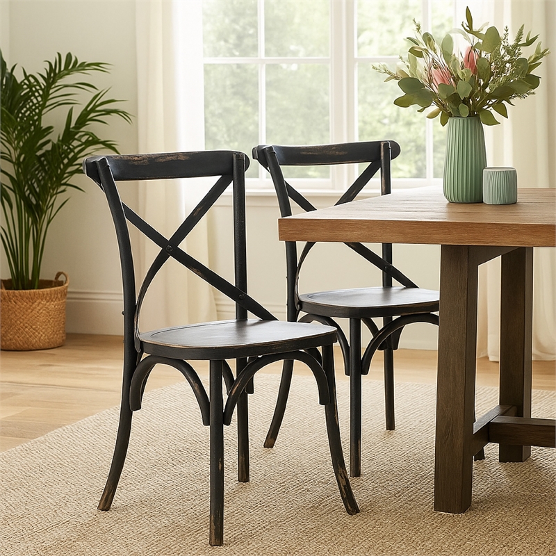 Benjara Puri Dining Side Chair Set of 2- X Shaped Backrest- Reclaimed Black