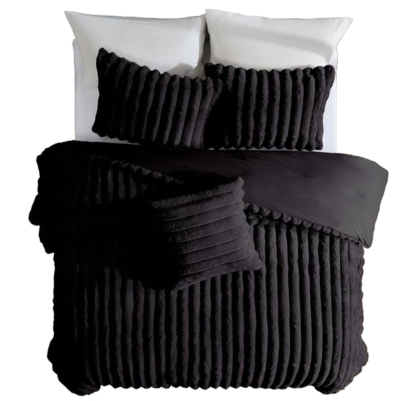 Benjara Sieno 4pc King Comforter Set- Shams- Black Faux Fur- Micro Mink Back