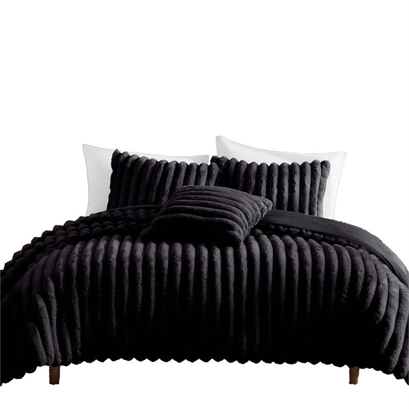 Benjara Sieno 4pc King Comforter Set- Shams- Black Faux Fur- Micro Mink Back