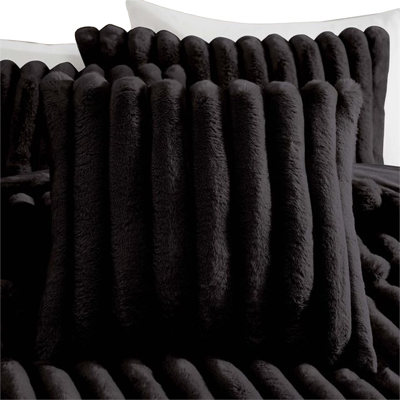 Benjara Sieno 4pc King Comforter Set- Shams- Black Faux Fur- Micro Mink Back