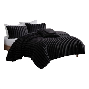 Benjara Sieno 4pc King Comforter Set- Shams- Black Faux Fur- Micro Mink Back