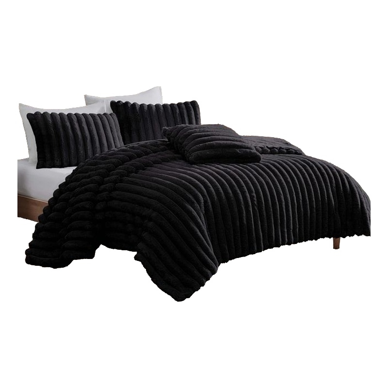 Benjara Sieno 4pc Queen Comforter Set- Shams- Black Faux Fur- Micro Mink Back