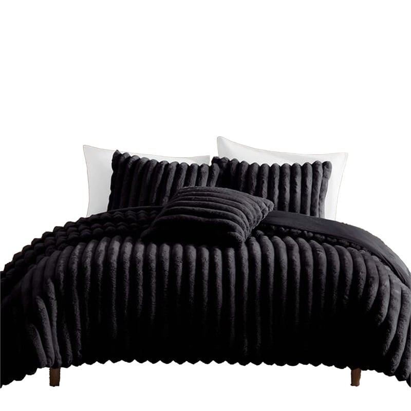 Benjara Sieno 3pc Twin XL Comforter Set- Shams- Black Faux Fur Micro Mink Back