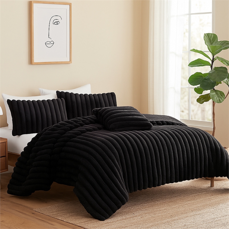 Benjara Sieno 3pc Twin XL Comforter Set- Shams- Black Faux Fur Micro Mink Back