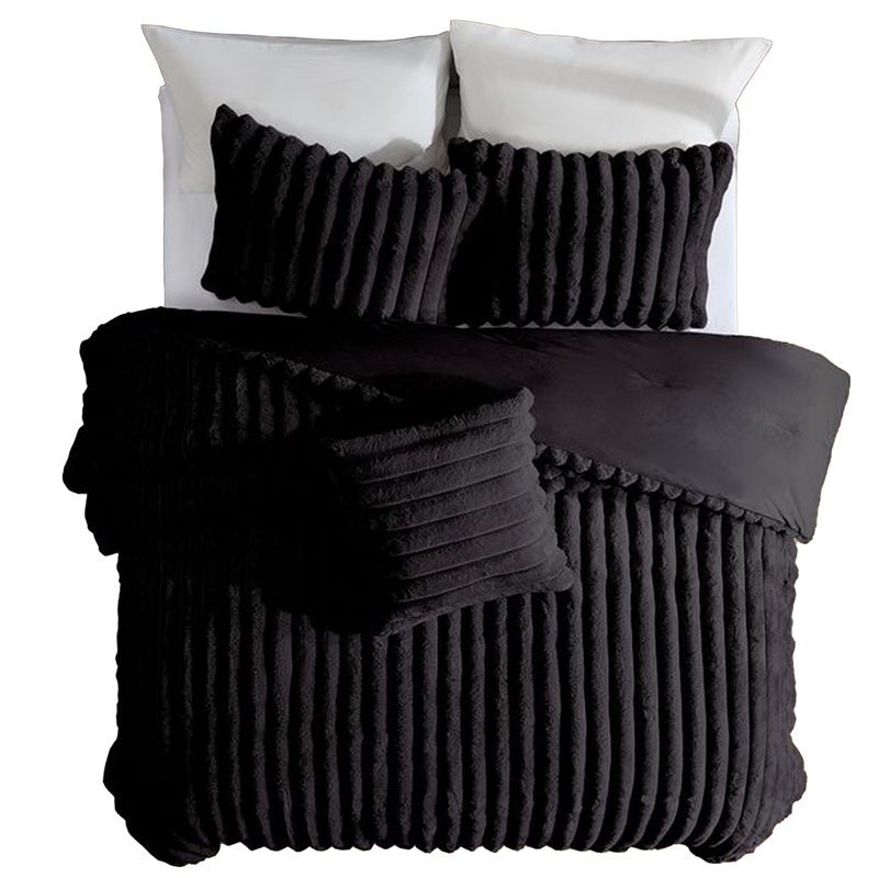 Benjara Sieno 3pc Twin XL Comforter Set- Shams- Black Faux Fur Micro Mink Back
