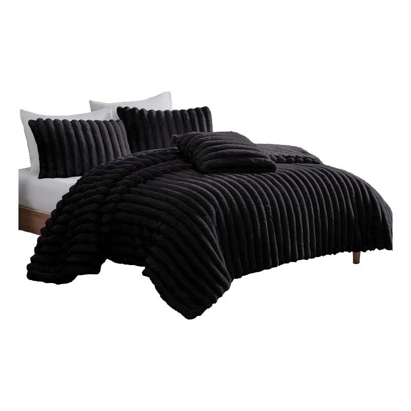 Benjara Sieno 3pc Twin XL Comforter Set- Shams- Black Faux Fur Micro Mink Back
