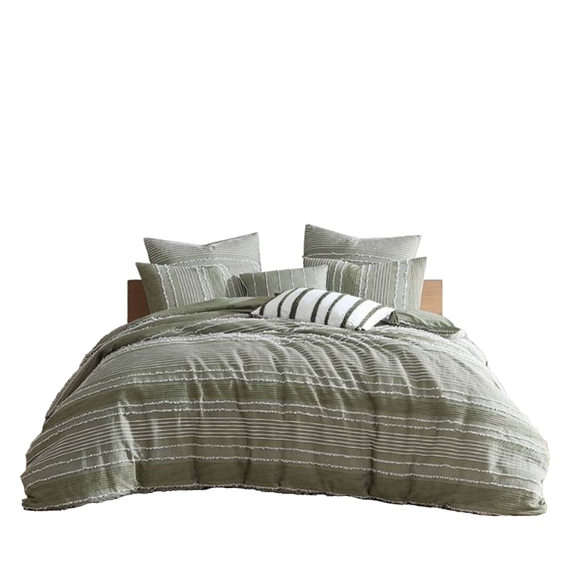 Benjara Meo 5pc King Size Comforter Set- Green Textured Woven Jacquard Stripe