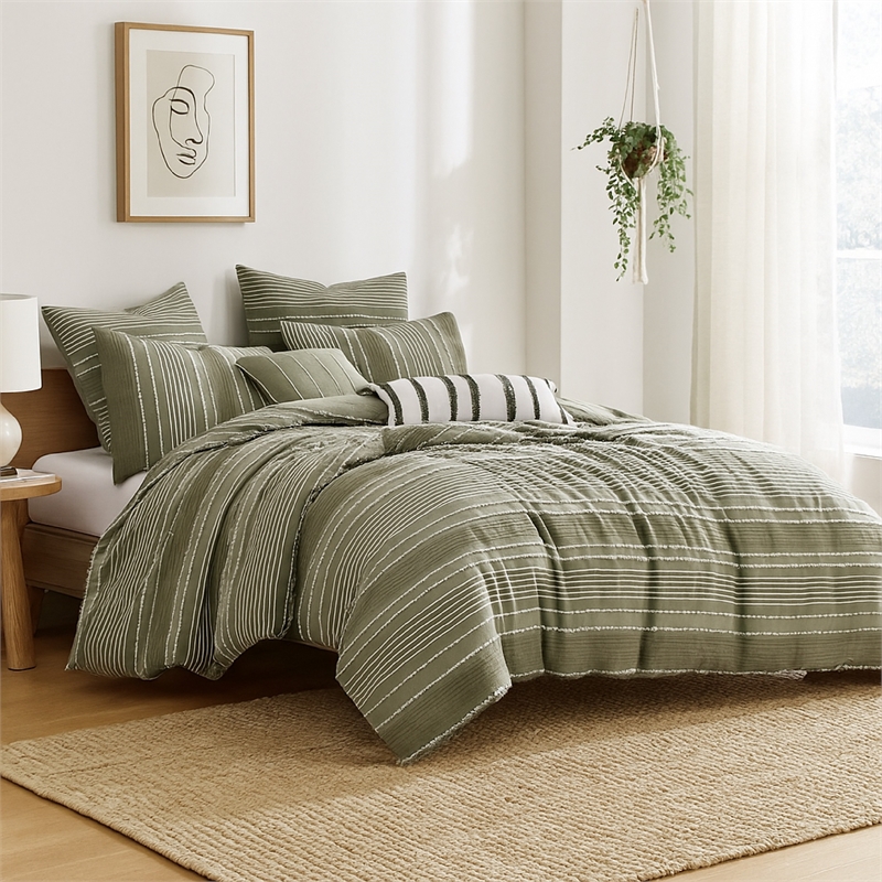 Benjara Meo 5pc King Size Comforter Set- Green Textured Woven Jacquard Stripe