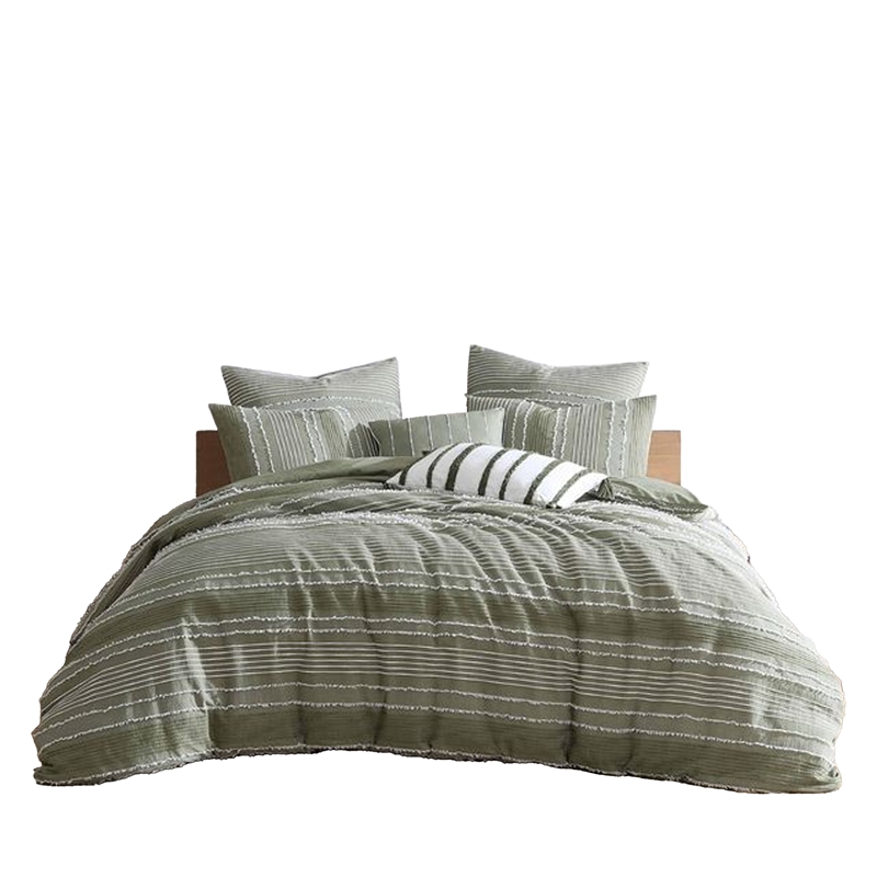 Benjara Meo 5pc King Size Comforter Set- Green Textured Woven Jacquard Stripe