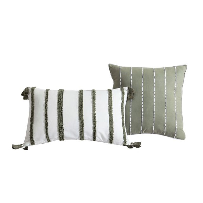 Benjara Meo 5pc Queen Size Comforter Set- Green Textured Woven Jacquard Stripe