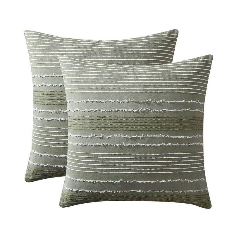 Benjara Meo Euro Sham- Textured Woven Jacquard Stripe- Green Cotton- 26 x 26