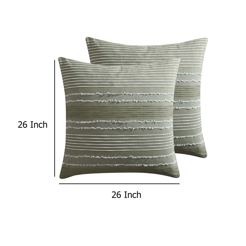 Benjara Meo Euro Sham- Textured Woven Jacquard Stripe- Green Cotton- 26 x 26