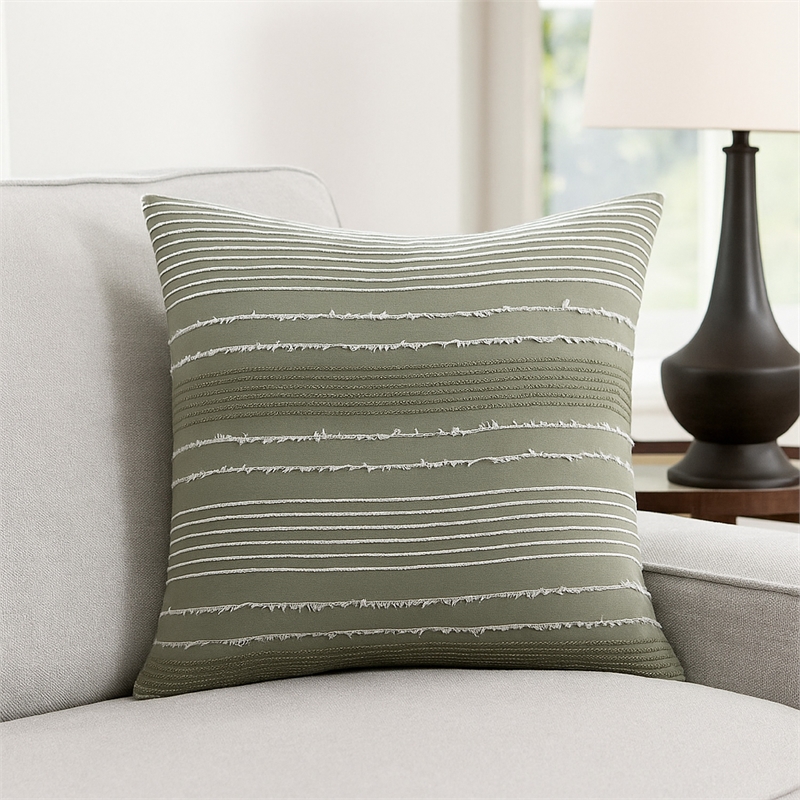 Benjara Meo Euro Sham- Textured Woven Jacquard Stripe- Green Cotton- 26 x 26