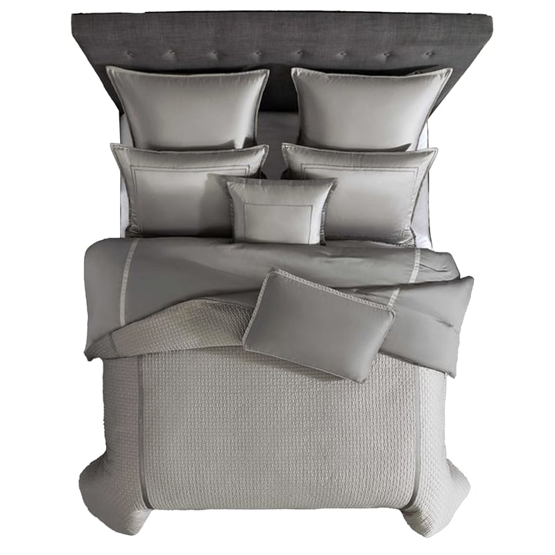 Benjara Loi 8pc King Comforter Set with Pillows- Shams- Reversible Gray Silver