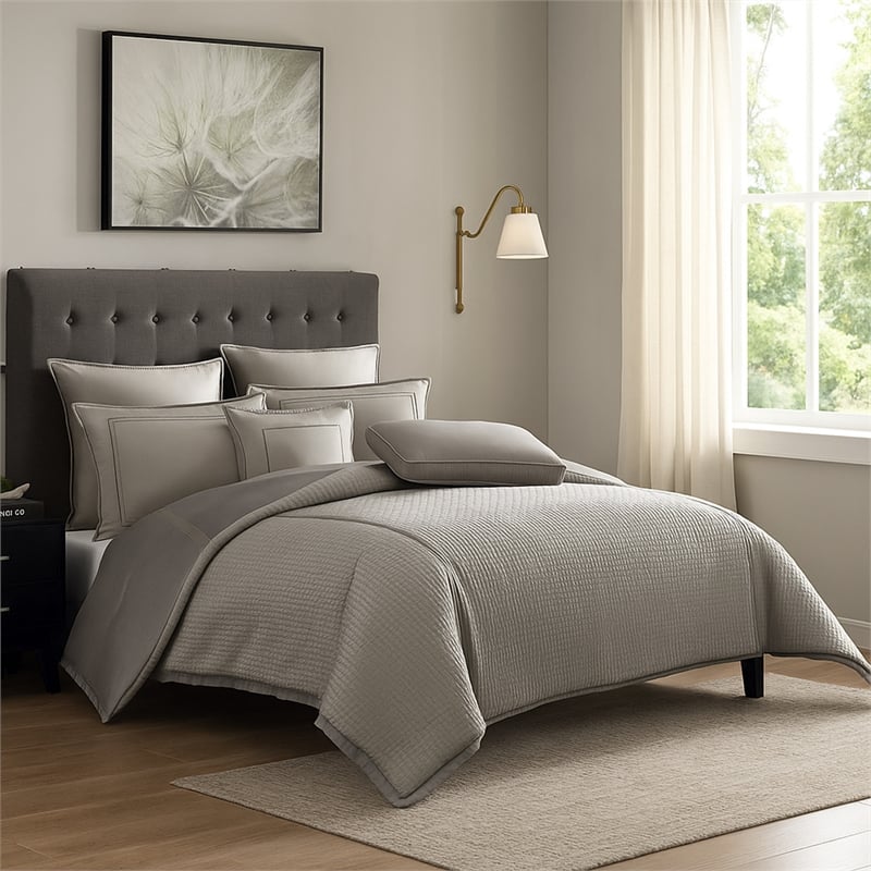 Benjara Loi 8pc King Comforter Set with Pillows- Shams- Reversible Gray Silver