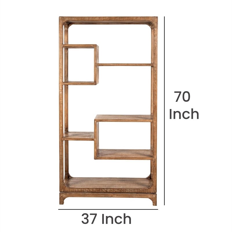 Benjara Tuley Bookshelf Etagere- 6 Shelves- Natural Gray Rustic Wood- 70 Inch