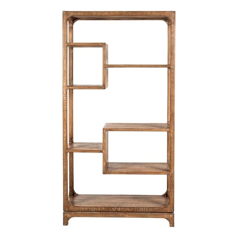 Benjara Tuley Bookshelf Etagere- 6 Shelves- Natural Gray Rustic Wood- 70 Inch