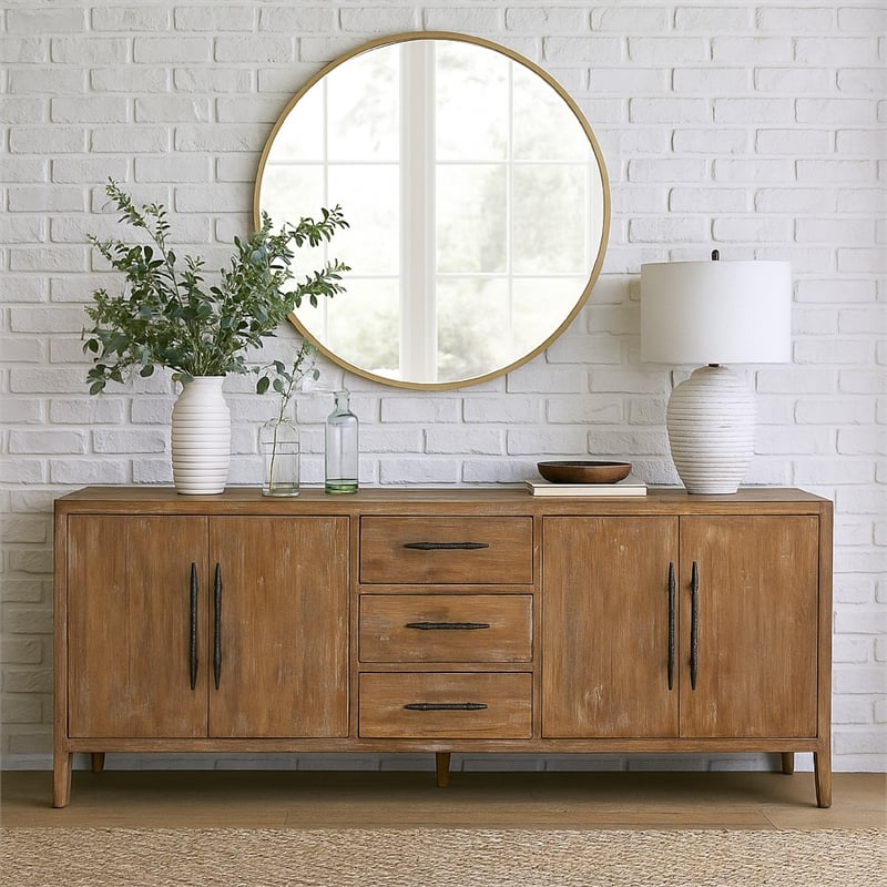 Benjara Tuley Sideboard Buffet Cabinet- 3 Drawers- 2 Cabinets- Brown- 91 Inch