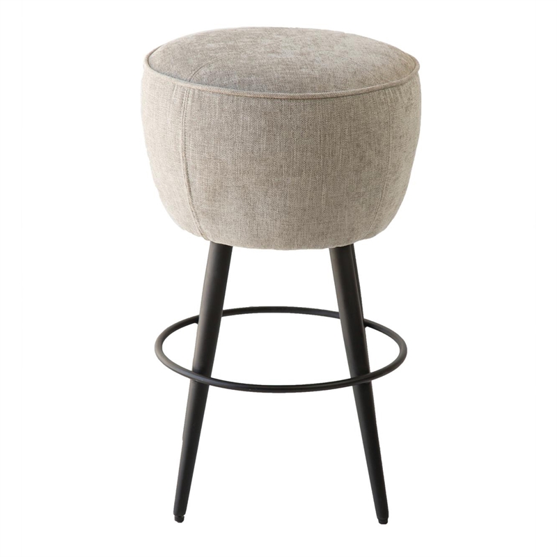 Benjara Curi Counter Stool- Plush Light Gray Cushioned Seat- Black Metal Legs