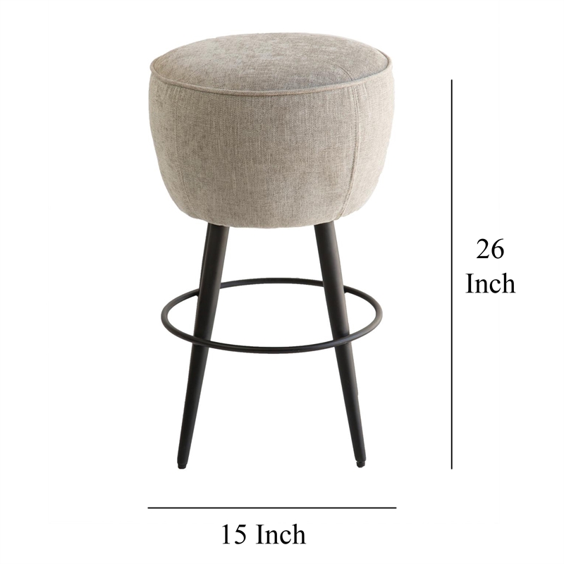 Benjara Curi Counter Stool- Plush Light Gray Cushioned Seat- Black Metal Legs