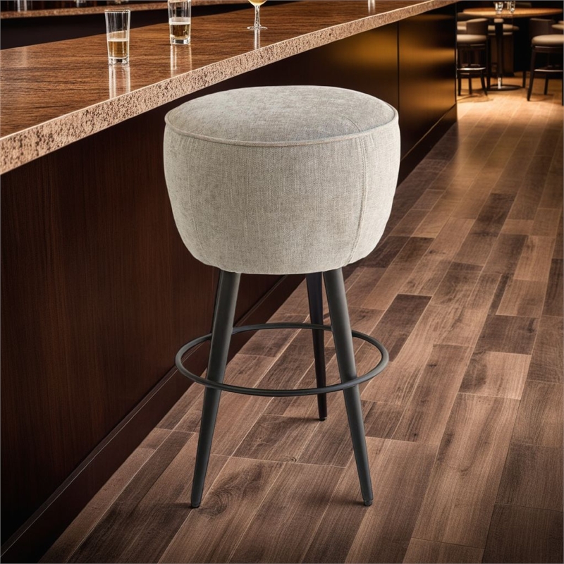Benjara Curi Counter Stool- Plush Light Gray Cushioned Seat- Black Metal Legs