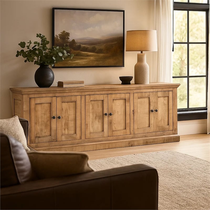 Benjara Miy Sideboard Buffet Cabinet- 6 Door- Natural Brown Pine Wood 106 Inch