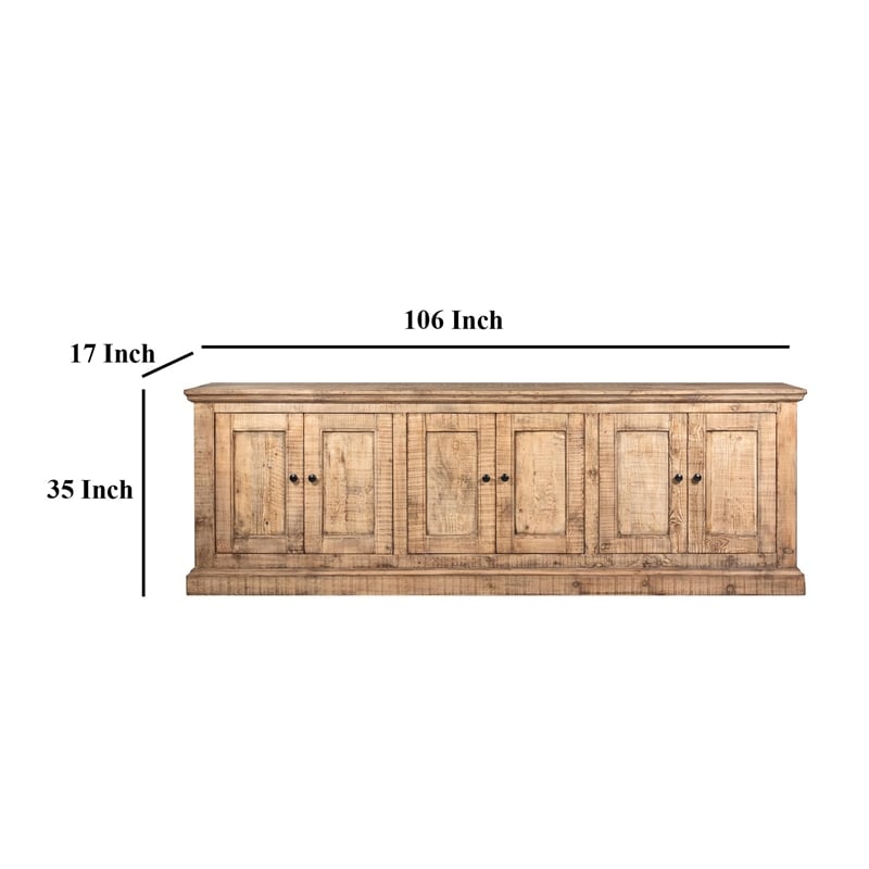 Benjara Miy Sideboard Buffet Cabinet- 6 Door- Natural Brown Pine Wood 106 Inch