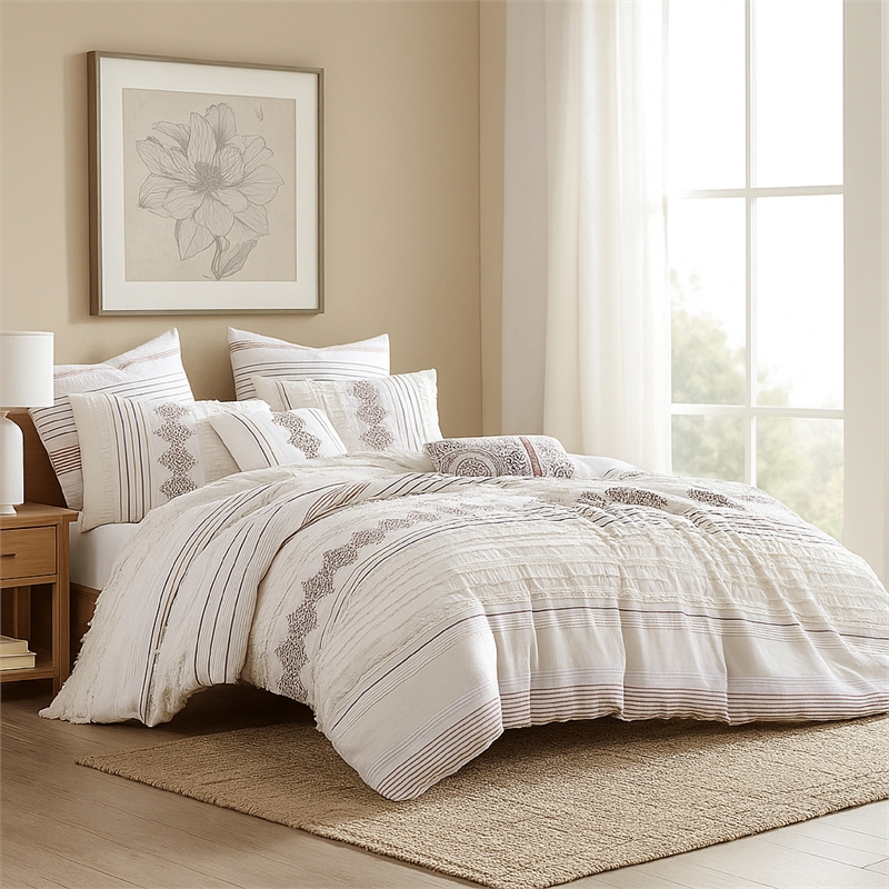 Benjara Jela 5pc King Size Comforter Set- Shams- White Clipped Jacquard Stripe
