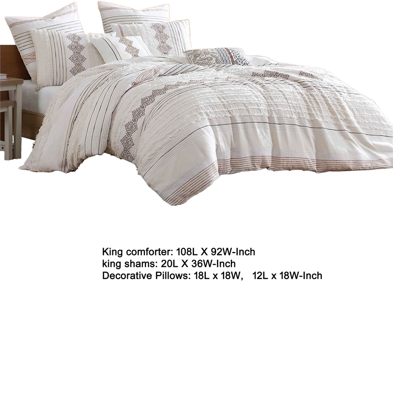 Benjara Jela 5pc King Size Comforter Set- Shams- White Clipped Jacquard Stripe