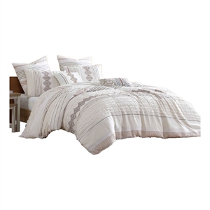 Benjara Jela 5pc King Size Comforter Set- Shams- White Clipped Jacquard Stripe