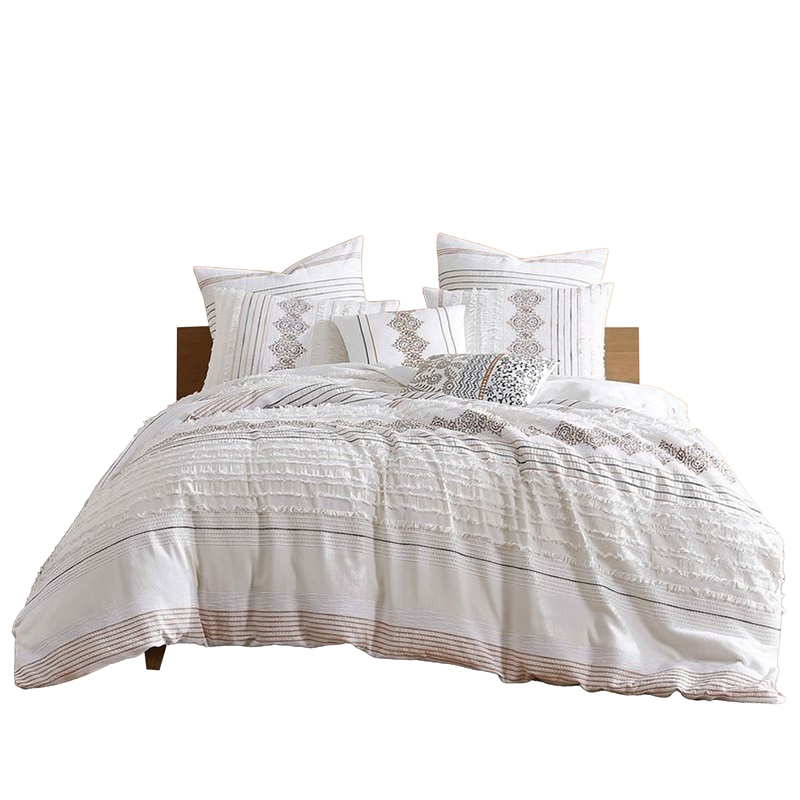 Benjara Jela 5pc King Size Comforter Set- Shams- White Clipped Jacquard Stripe