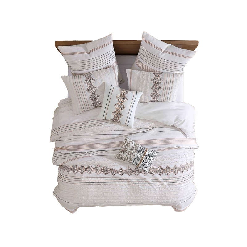 Benjara Jela 5pc King Size Comforter Set- Shams- White Clipped Jacquard Stripe