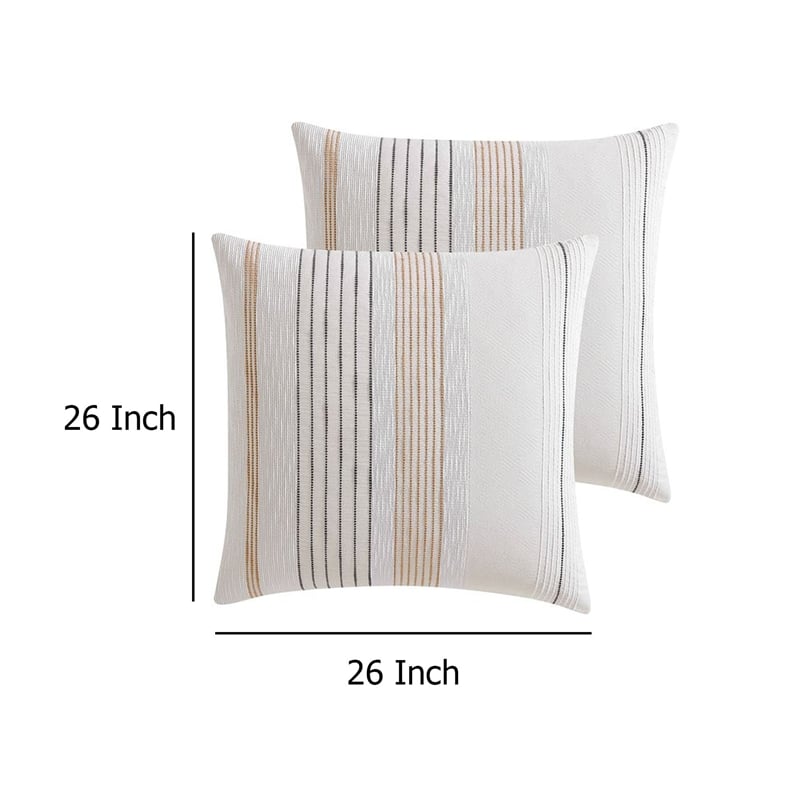 Benjara Jela Euro Sham with Clipped Jacquard Stripes- White Cotton- 26 x 26
