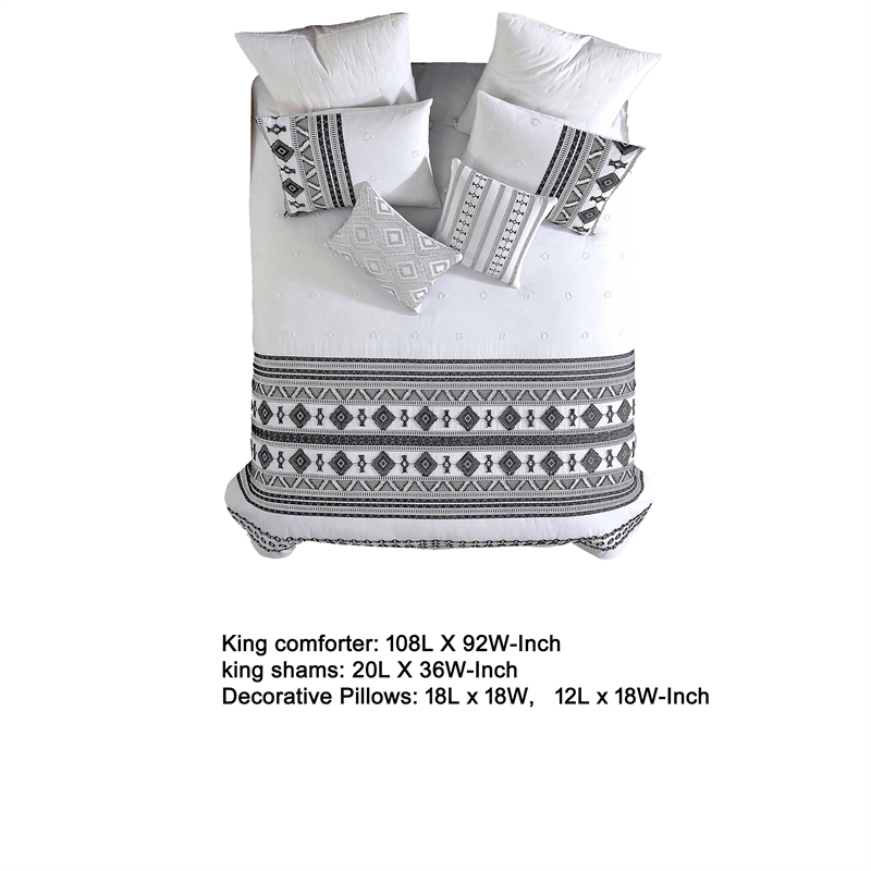 Benjara Jim 5pc King Size Comforter Set- Shams- White Black Jacquard Stripe
