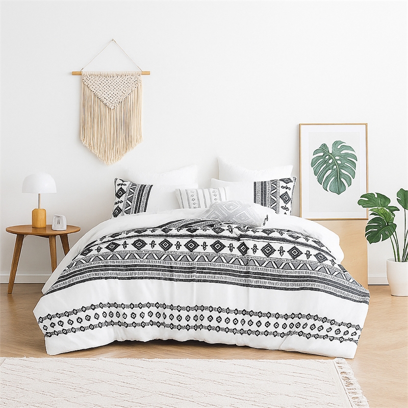 Benjara Jim 5pc King Size Comforter Set- Shams- White Black Jacquard Stripe