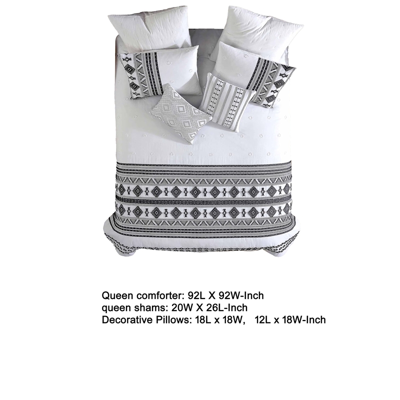 Benjara Jim 5pc Queen Size Comforter Set- Shams- White Black Jacquard Stripe