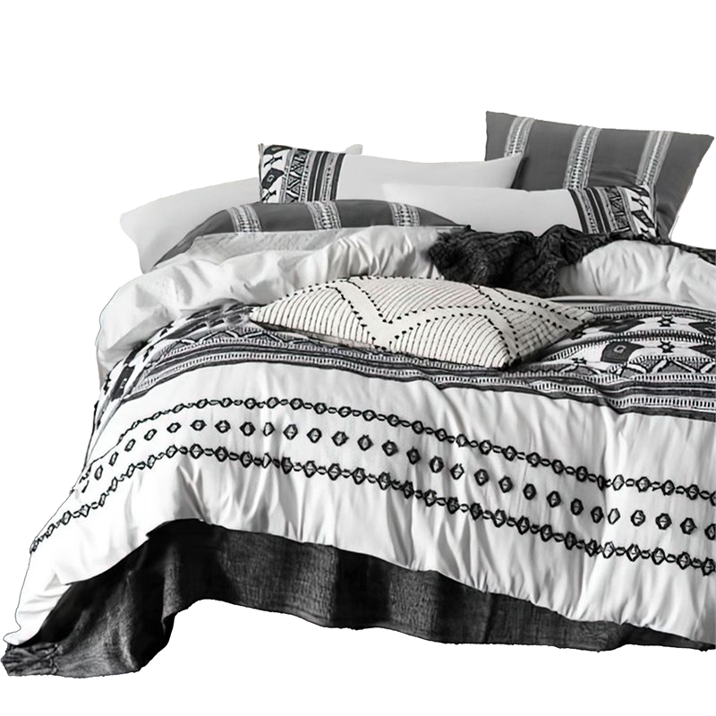 Benjara Jim 5pc Queen Size Comforter Set- Shams- White Black Jacquard Stripe