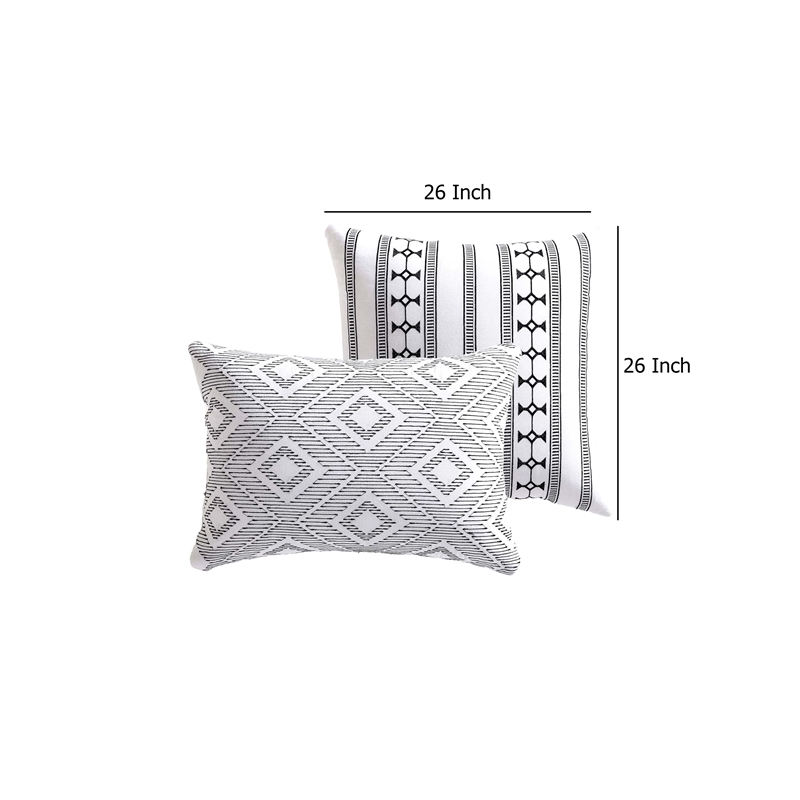 Benjara Jim Euro Sham with Black and White Clipped Jacquard Stripe- 26 x 26